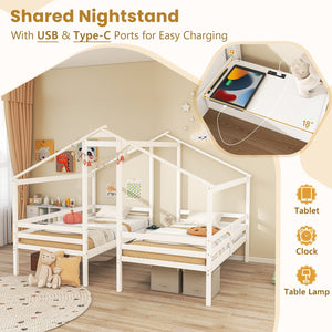 Double Twin Size Wooden Bed Frames with Built-in Table for Kids-White view 8
