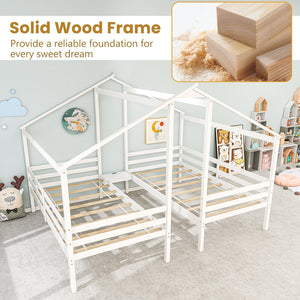 Double Twin Size Wooden Bed Frames with Built-in Table for Kids-White view 9