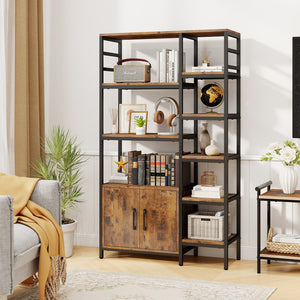 Double Wide 8-Tier Bookshelf with 2-Door Cabinet for Living Room Home Office-Rustic Brown view 2