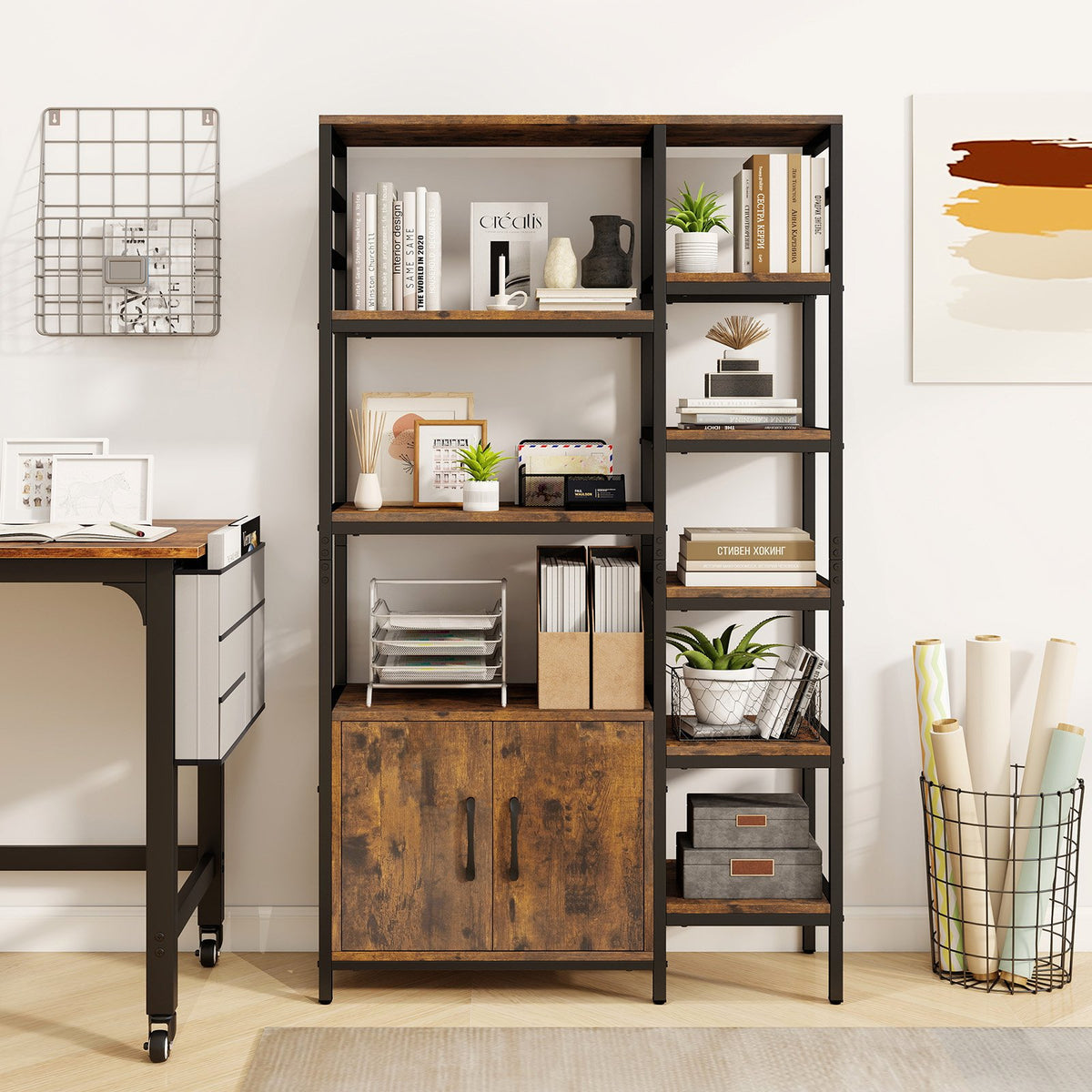 Double Wide 8-Tier Bookshelf with 2-Door Cabinet for Living Room Home Office-Rustic Brown view 3