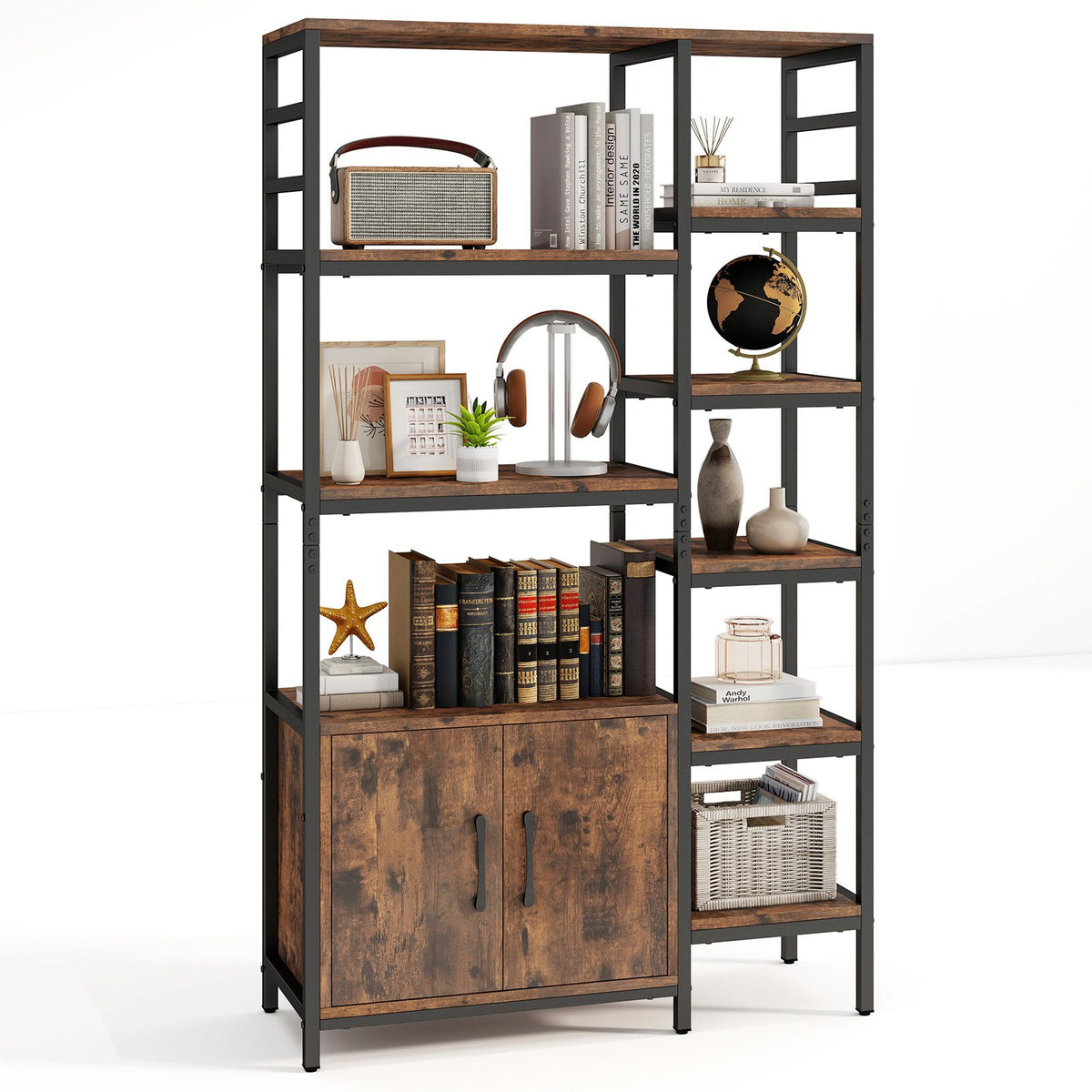 Double Wide 8-Tier Bookshelf with 2-Door Cabinet for Living Room Home Office-Rustic Brown view 4