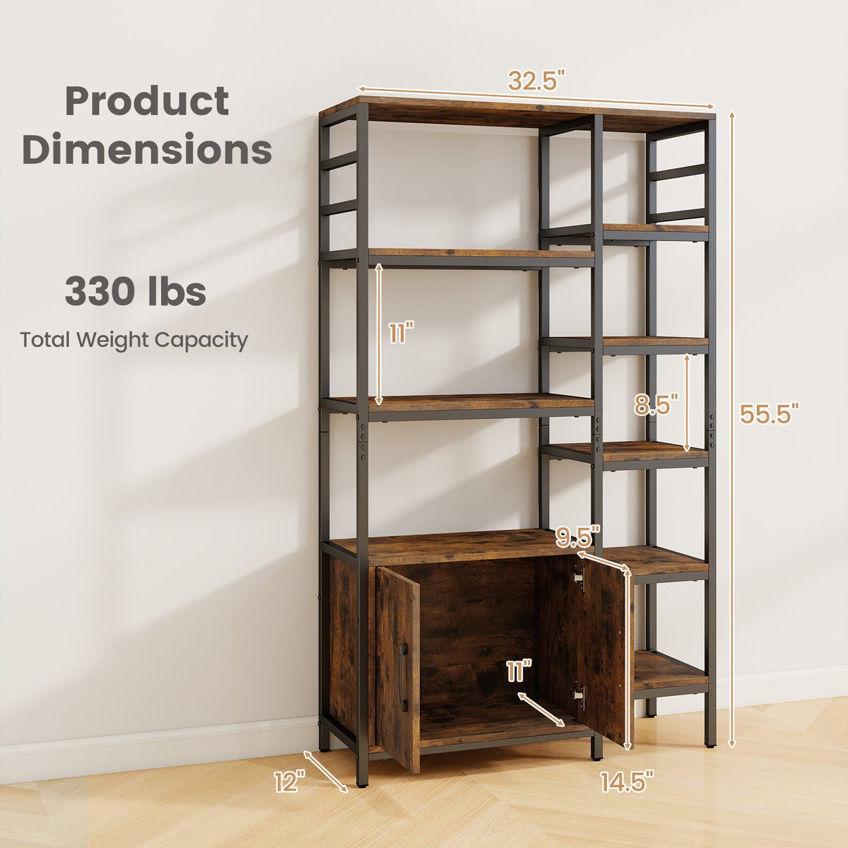 Double Wide 8-Tier Bookshelf with 2-Door Cabinet for Living Room Home Office-Rustic Brown view 5