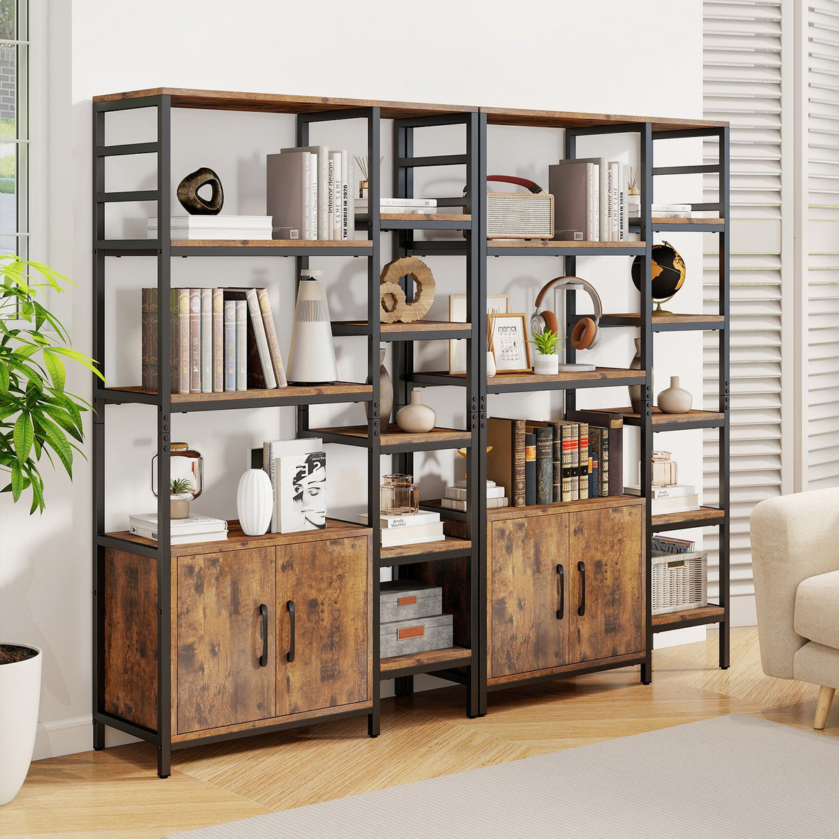 Double Wide 8-Tier Bookshelf with 2-Door Cabinet for Living Room Home Office-Rustic Brown view 6