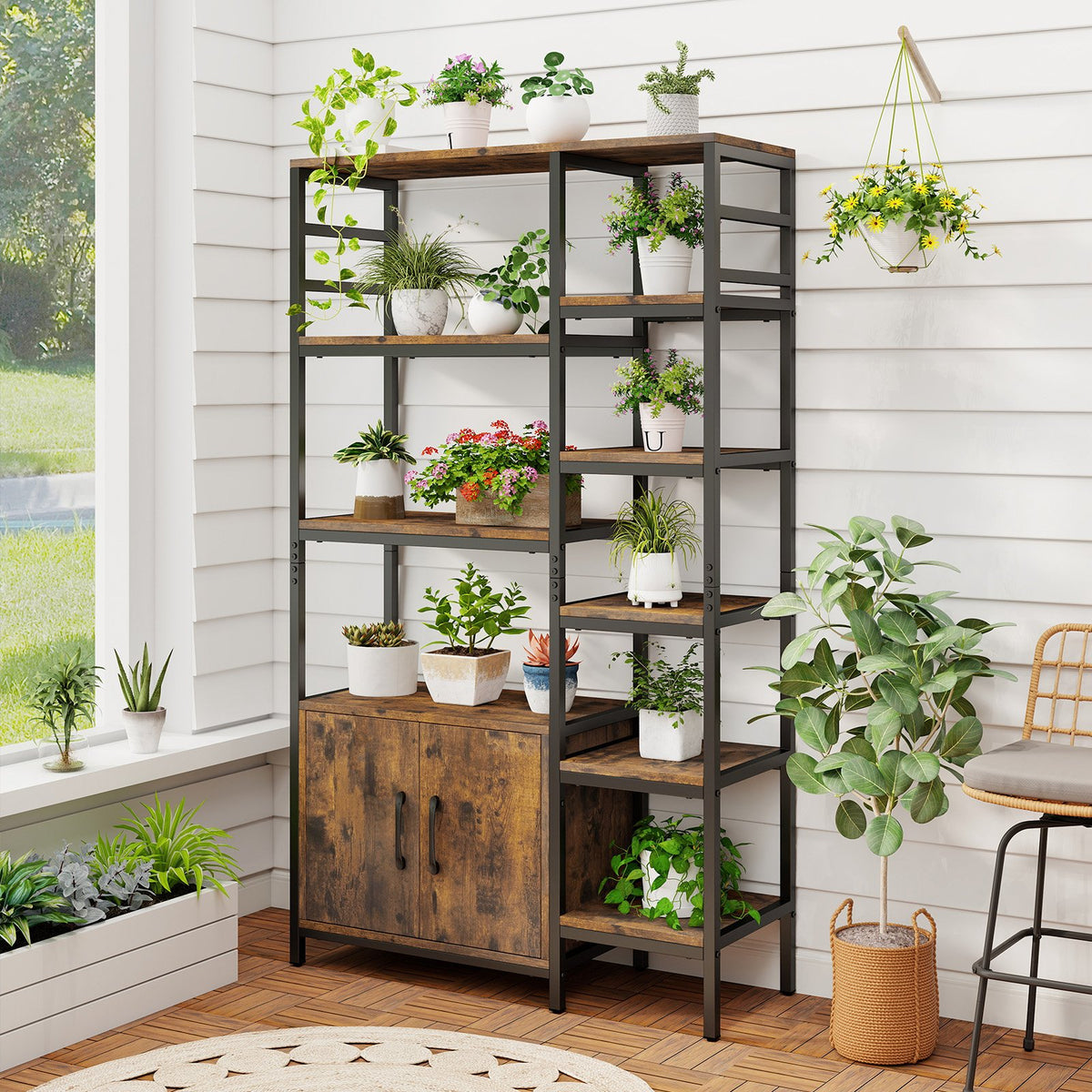 Double Wide 8-Tier Bookshelf with 2-Door Cabinet for Living Room Home Office-Rustic Brown view 7