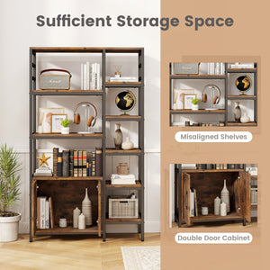 Double Wide 8-Tier Bookshelf with 2-Door Cabinet for Living Room Home Office-Rustic Brown view 8