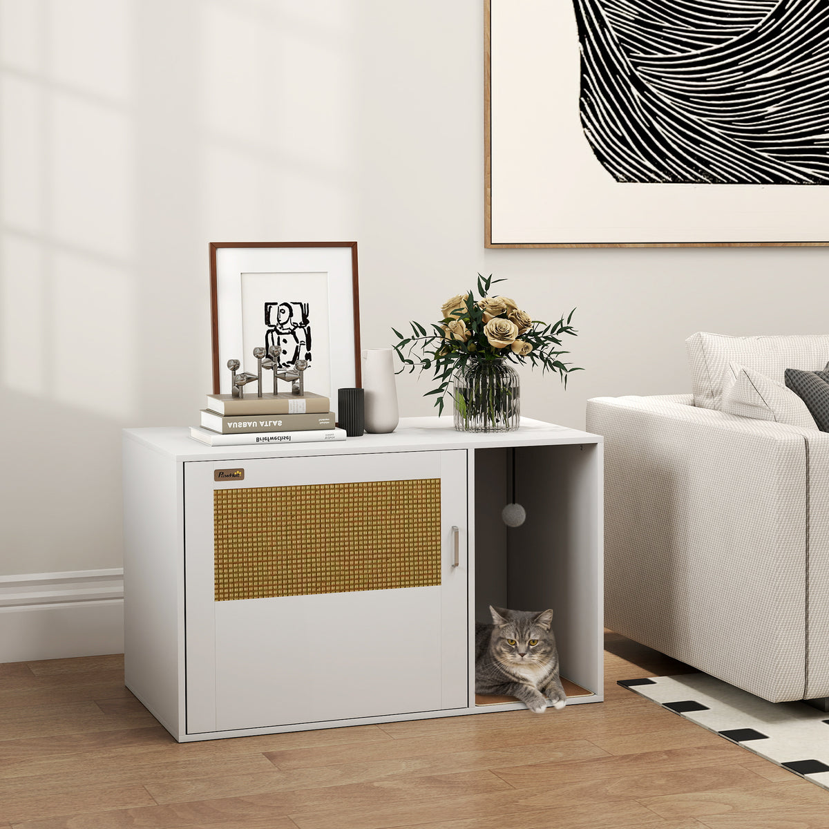 Cat Litter Box Enclosure, Cat Washroom End Side Table with Rattan Door, Scratching Pad, Non-slip Foot Pads – view 14