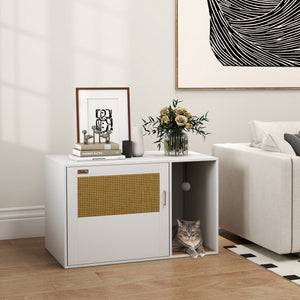Cat Litter Box Enclosure, Cat Washroom End Side Table with Rattan Door, Scratching Pad, Non-slip Foot Pads – view 14