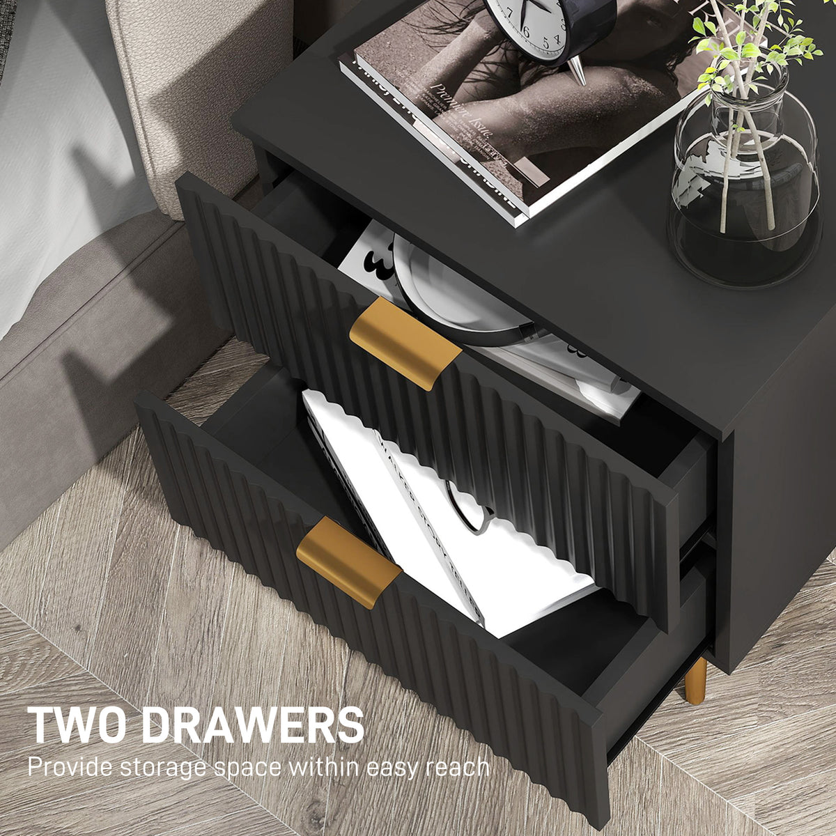 Bedside Table, Modern Nightstand with 2 Drawers, Side End Table with Metal Legs for Living Room, Bedroom, Black
