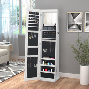 Mirror Jewelry Cabinet Armoire, Lockable Jewelry Organizer with Full-Length Mirror, LED Lights, Standing Jewelry Armoire in White Wood
