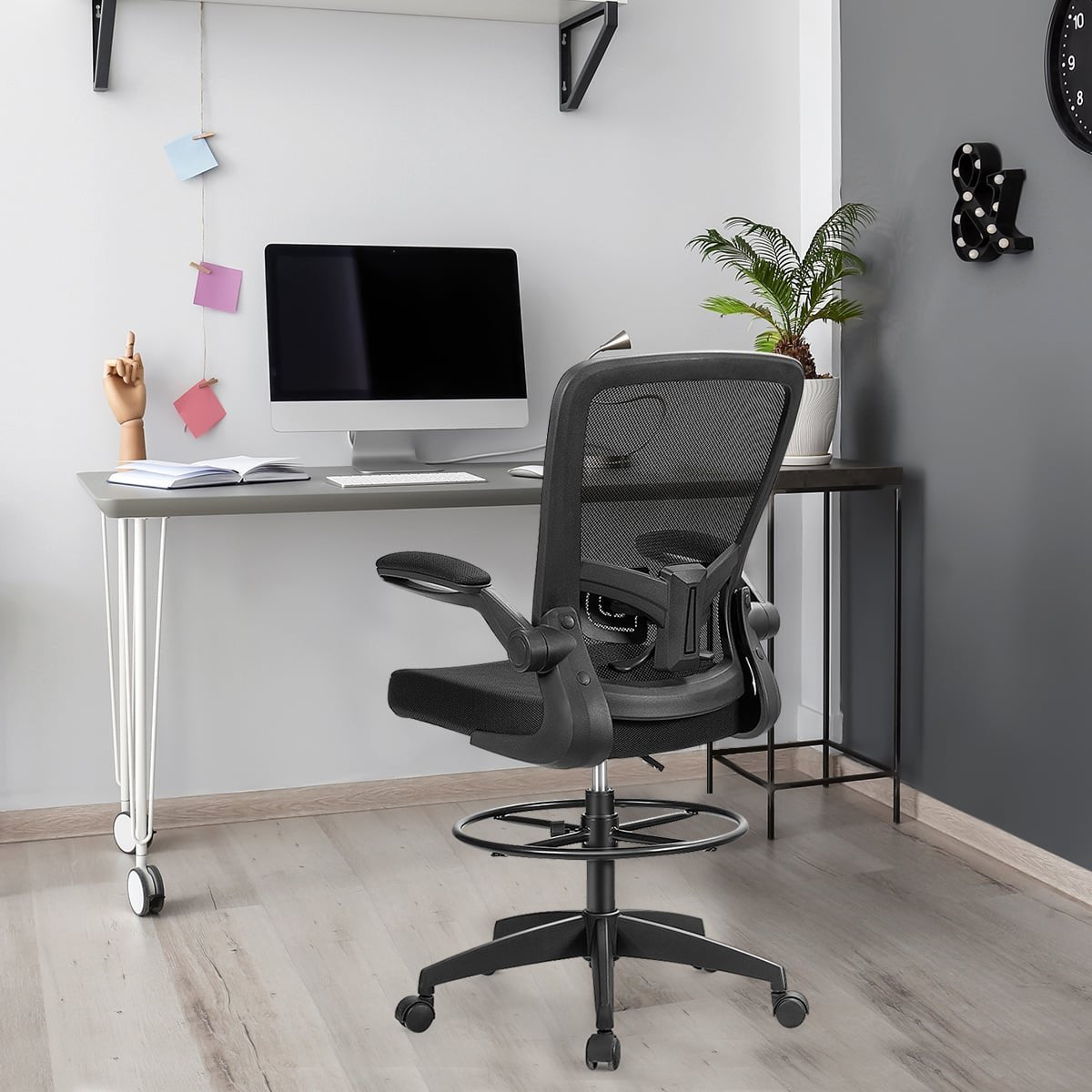 Height Adjustable Drafting Chair with Flip Up Arms-Black view 2