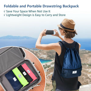 Drawstring Backpack String Bag Foldable Sports Sack with Zipper Pocket-Dark Blue view 3