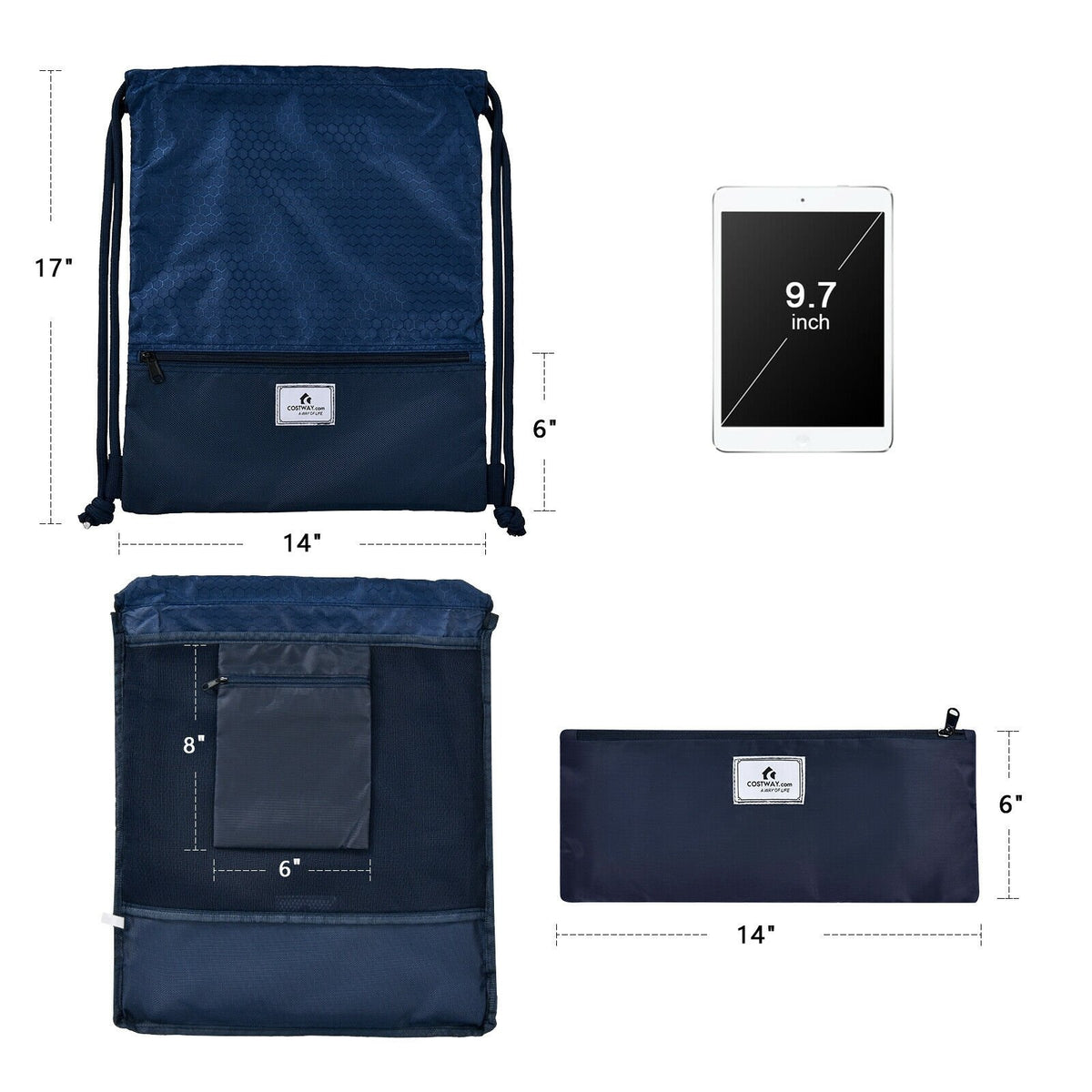 Drawstring Backpack String Bag Foldable Sports Sack with Zipper Pocket-Dark Blue view 4