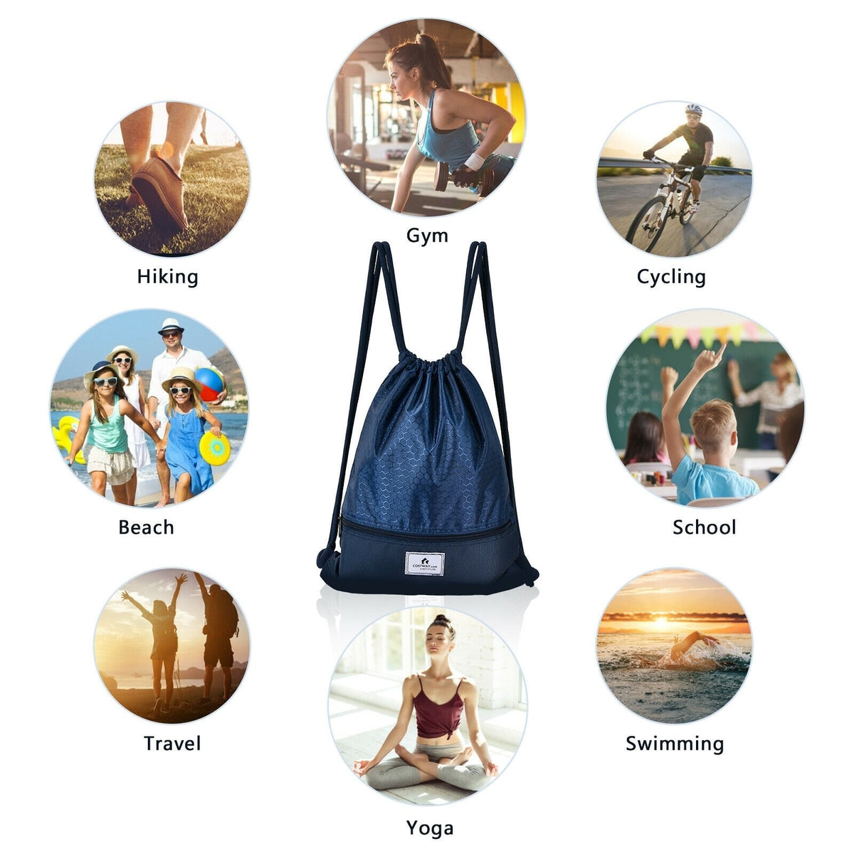 Drawstring Backpack String Bag Foldable Sports Sack with Zipper Pocket-Dark Blue view 5