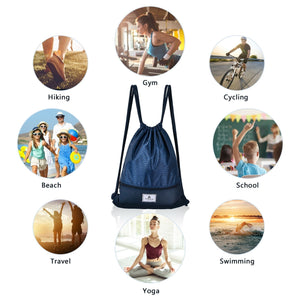 Drawstring Backpack String Bag Foldable Sports Sack with Zipper Pocket-Dark Blue view 5