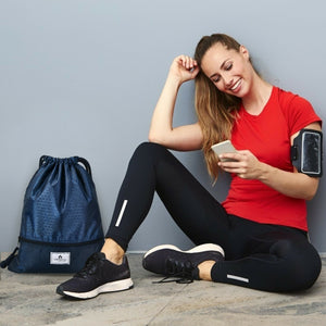 Drawstring Backpack String Bag Foldable Sports Sack with Zipper Pocket-Dark Blue view 7
