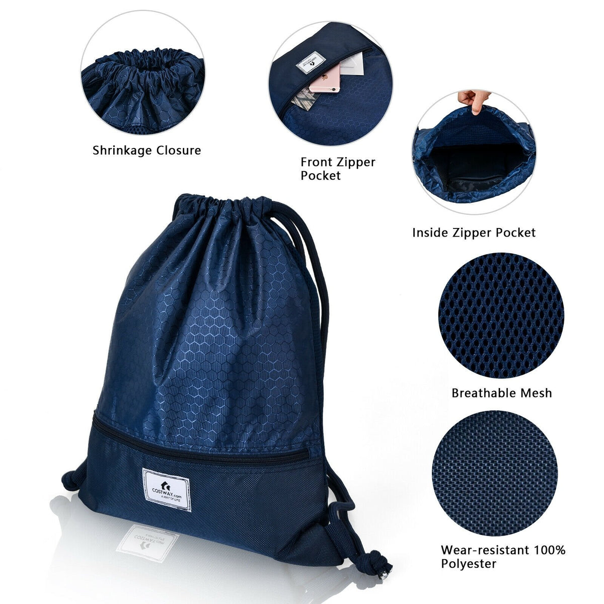 Drawstring Backpack String Bag Foldable Sports Sack with Zipper Pocket-Dark Blue view 8