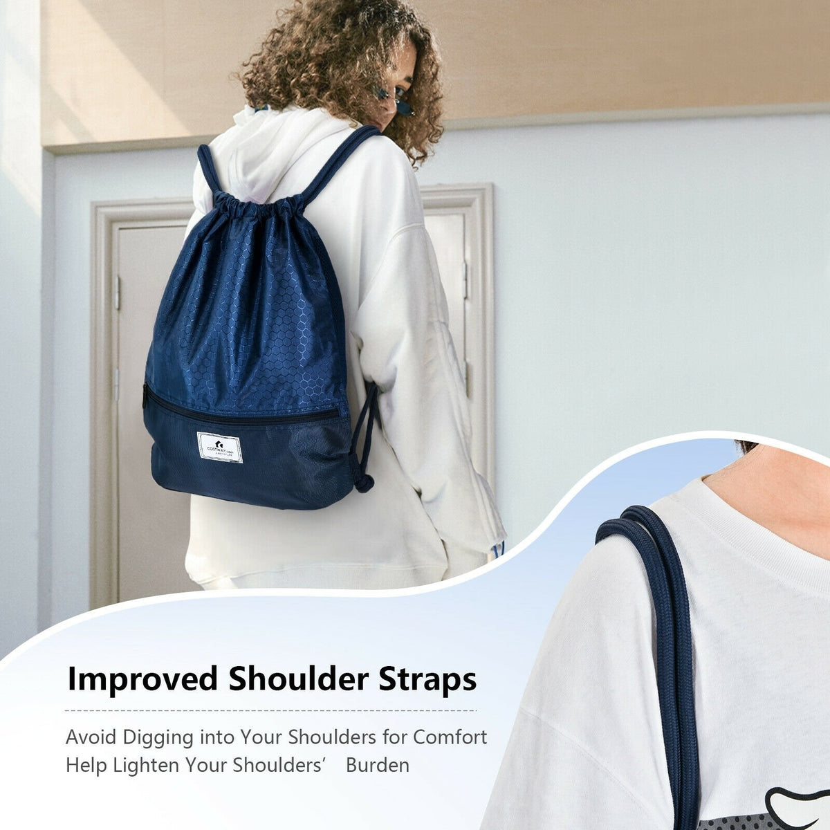 Drawstring Backpack String Bag Foldable Sports Sack with Zipper Pocket-Dark Blue view 9