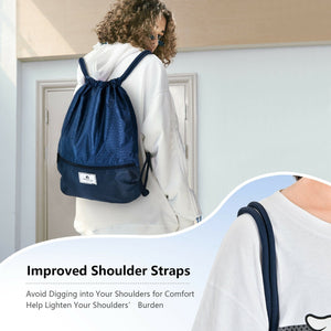 Drawstring Backpack String Bag Foldable Sports Sack with Zipper Pocket-Dark Blue view 9