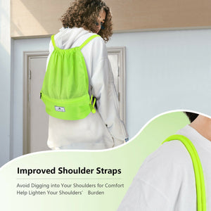 Drawstring Backpack String Bag Foldable Sports Sack with Zipper Pocket-Green view 3