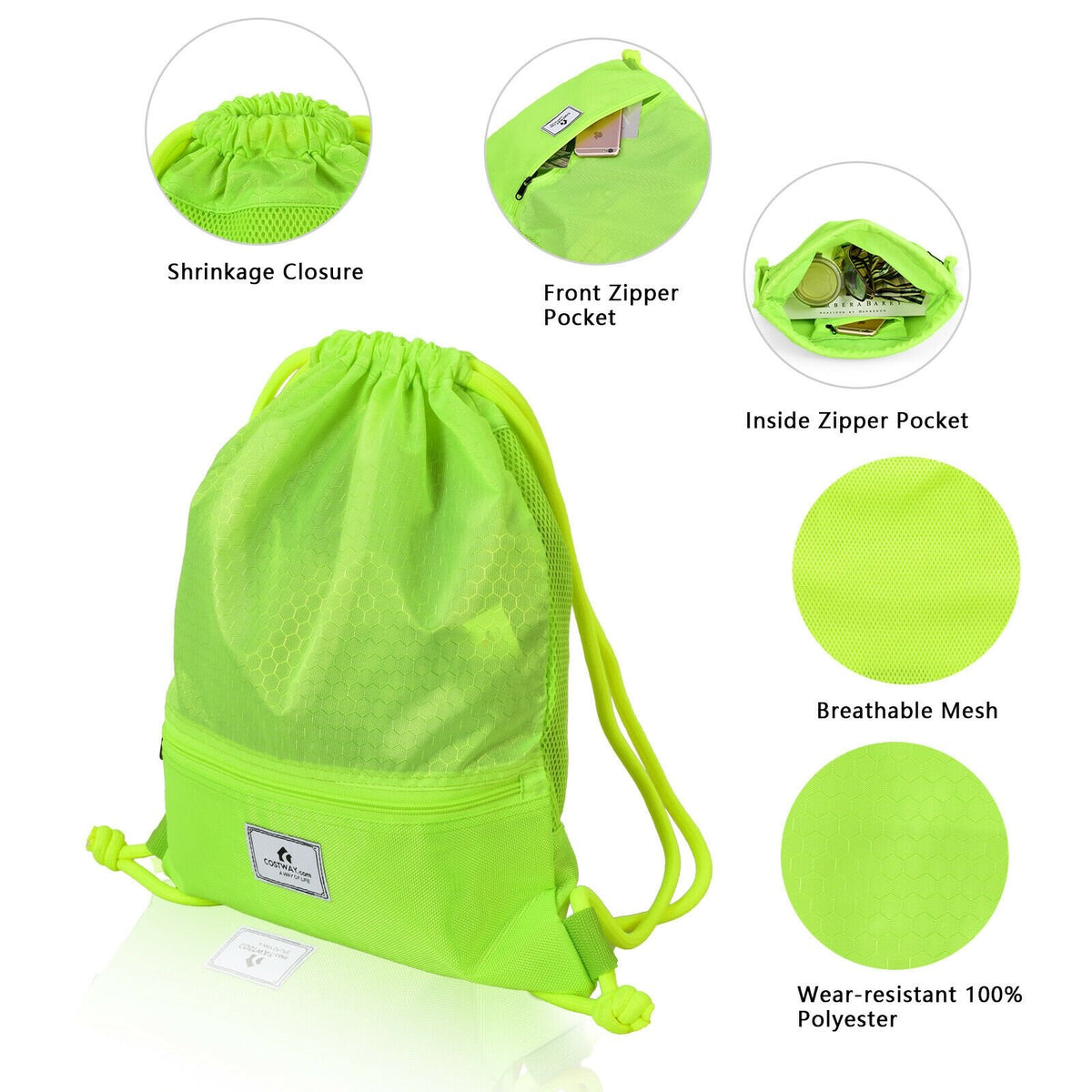 Drawstring Backpack String Bag Foldable Sports Sack with Zipper Pocket-Green view 5