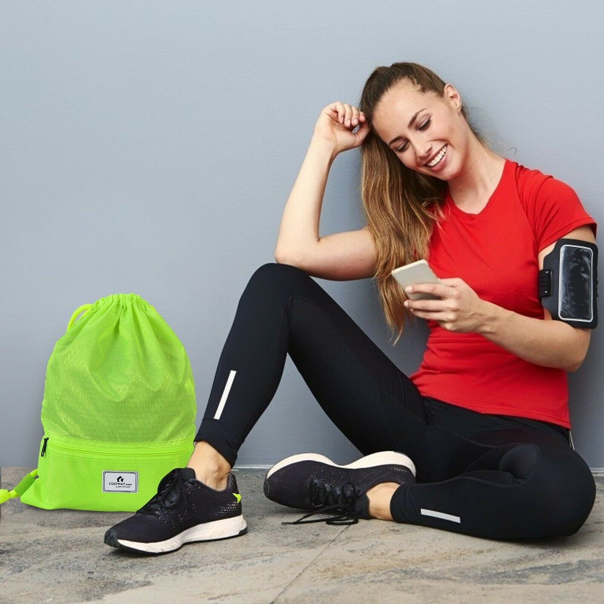 Drawstring Backpack String Bag Foldable Sports Sack with Zipper Pocket-Green view 7