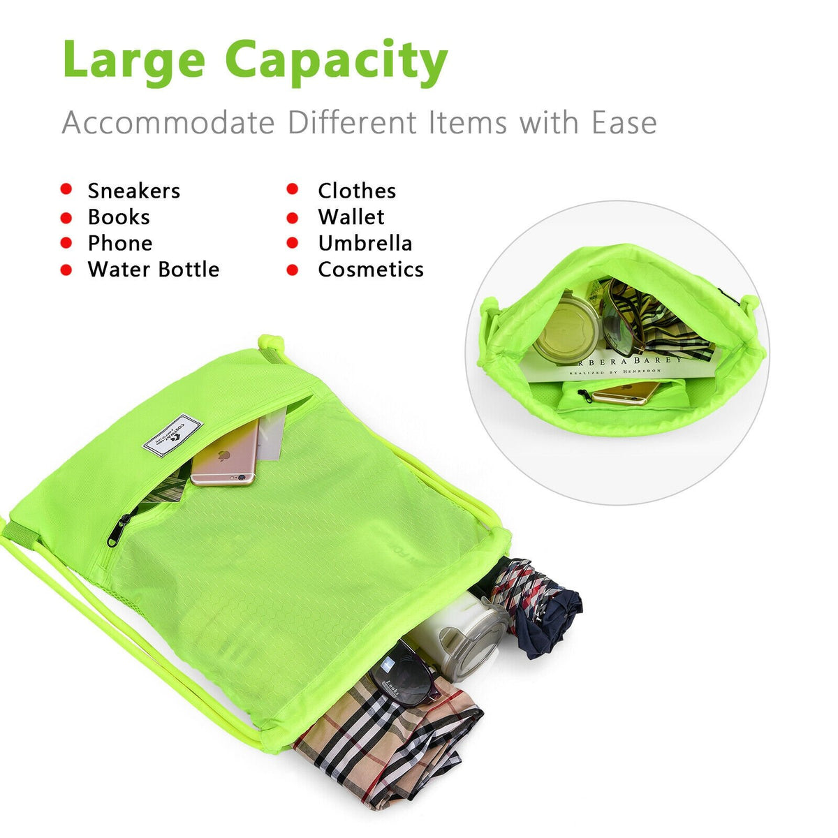 Drawstring Backpack String Bag Foldable Sports Sack with Zipper Pocket-Green view 8