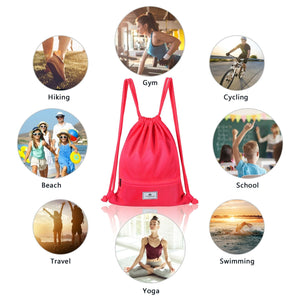 Drawstring Backpack String Bag Foldable Sports Sack with Zipper Pocket-Pink view 5