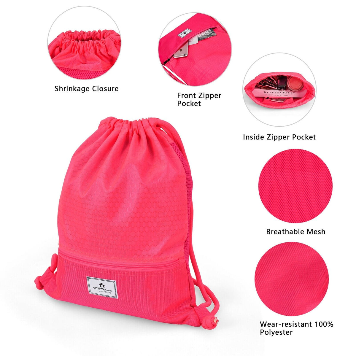 Drawstring Backpack String Bag Foldable Sports Sack with Zipper Pocket-Pink view 8