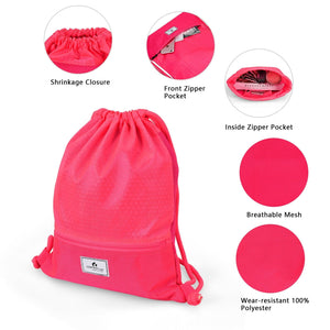 Drawstring Backpack String Bag Foldable Sports Sack with Zipper Pocket-Pink view 8