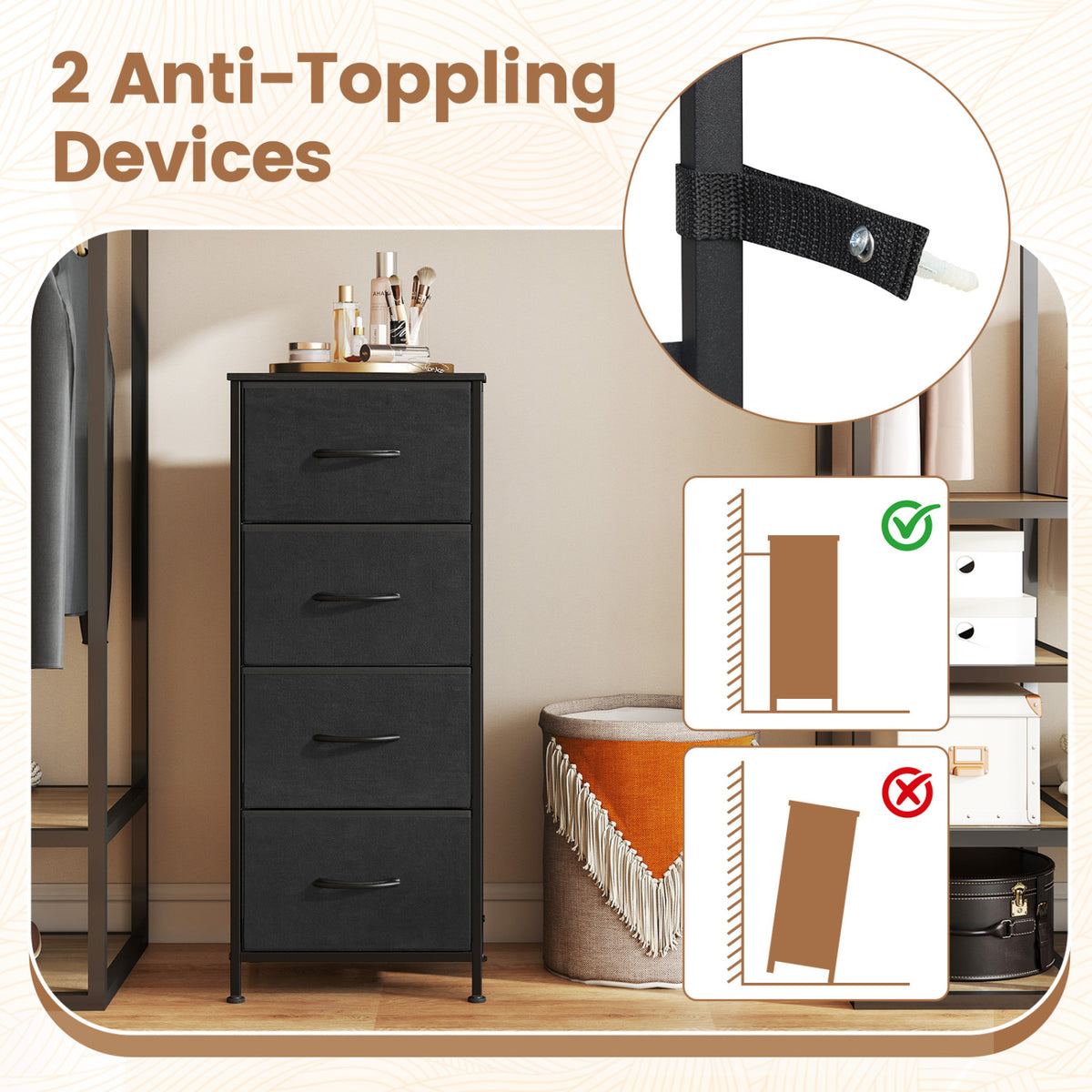 Dresser Nightstand with 4 Roomy Fabric Drawers and Metal Frame-Black view 6