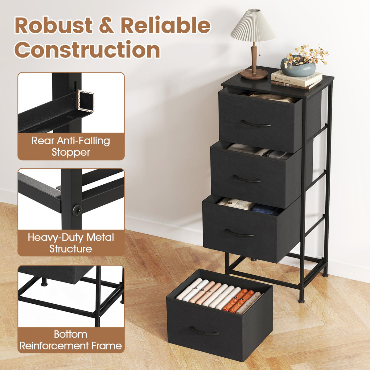 Dresser Nightstand with 4 Roomy Fabric Drawers and Metal Frame-Black view 7