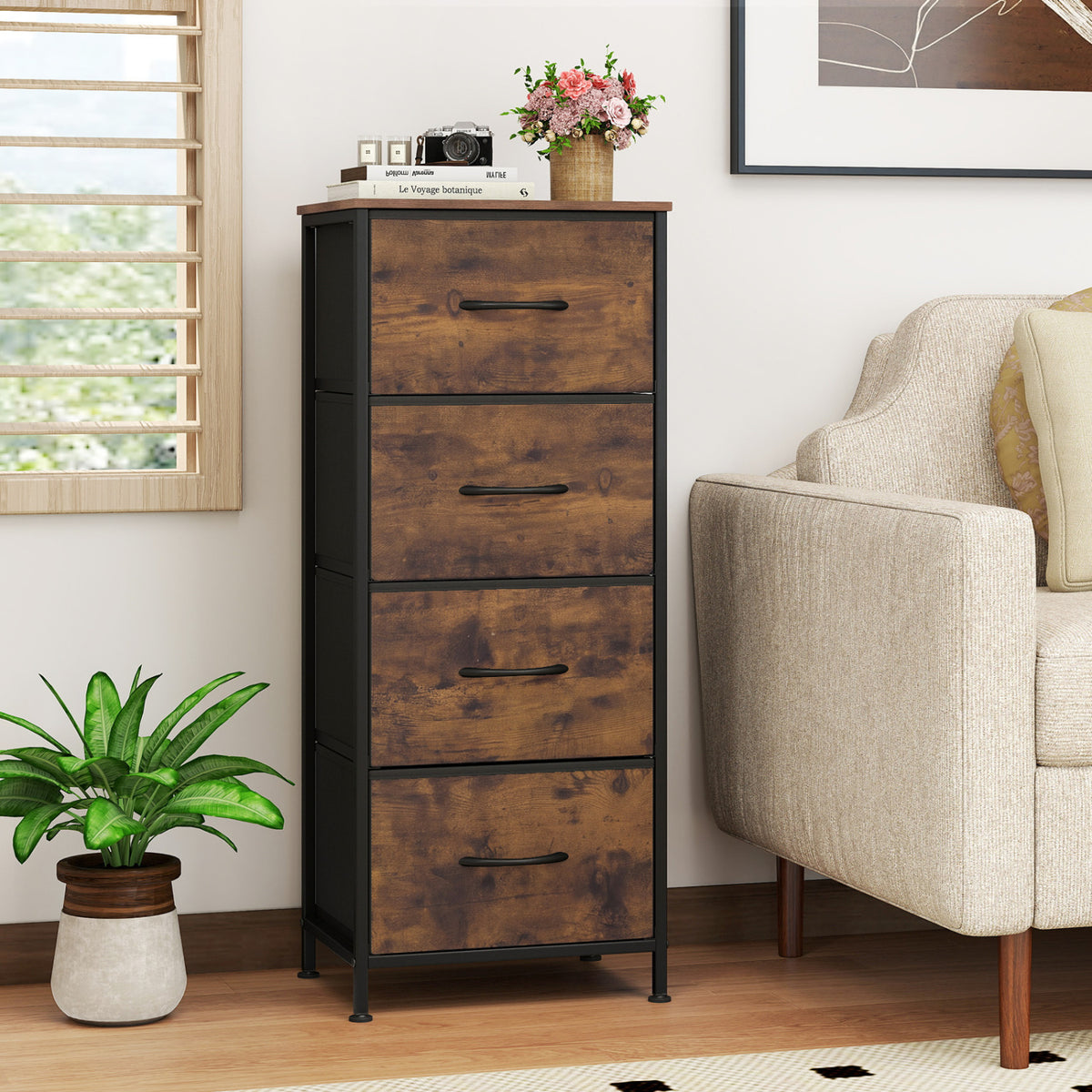 Dresser Nightstand with 4 Roomy Fabric Drawers and Metal Frame-Brown view 3
