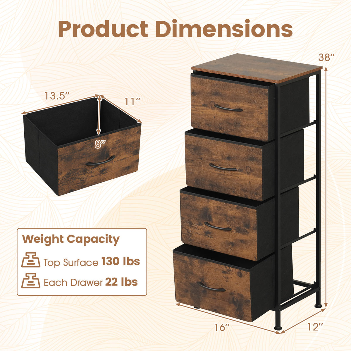 Dresser Nightstand with 4 Roomy Fabric Drawers and Metal Frame-Brown view 4