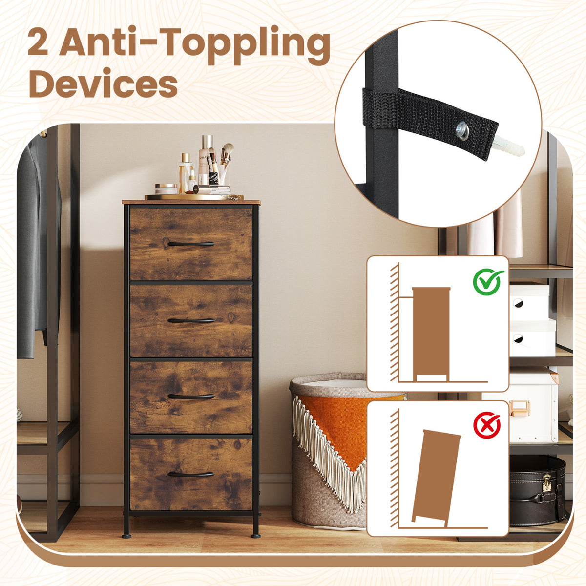 Dresser Nightstand with 4 Roomy Fabric Drawers and Metal Frame-Brown view 6