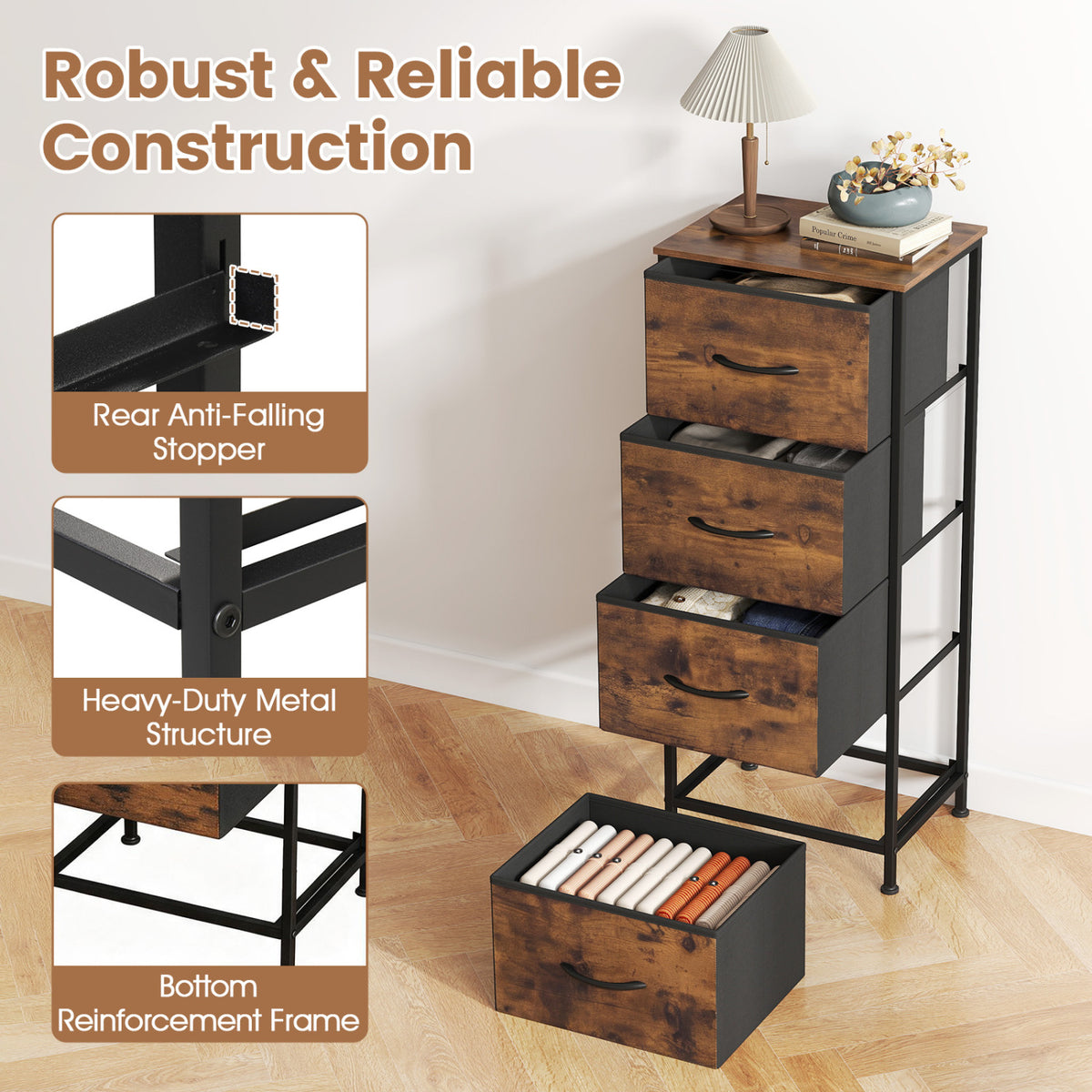 Dresser Nightstand with 4 Roomy Fabric Drawers and Metal Frame-Brown view 7