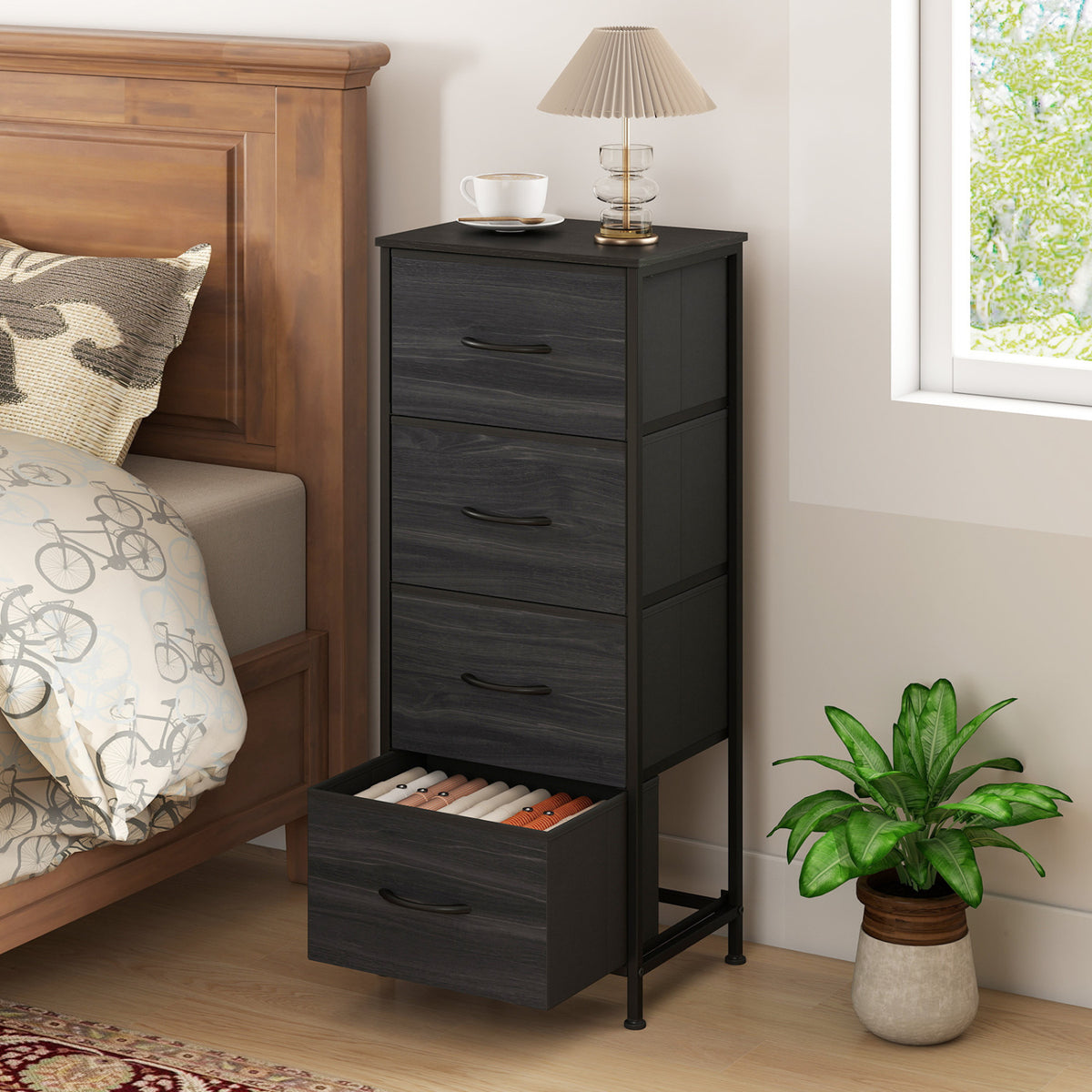 Dresser Nightstand with 4 Roomy Fabric Drawers and Metal Frame-Charcoal Black view 2