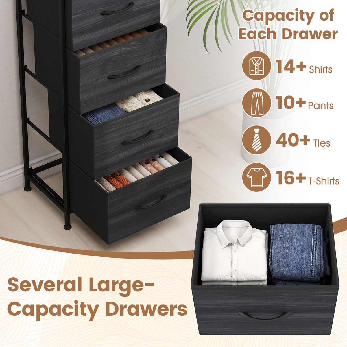 Dresser Nightstand with 4 Roomy Fabric Drawers and Metal Frame-Charcoal Black view 5