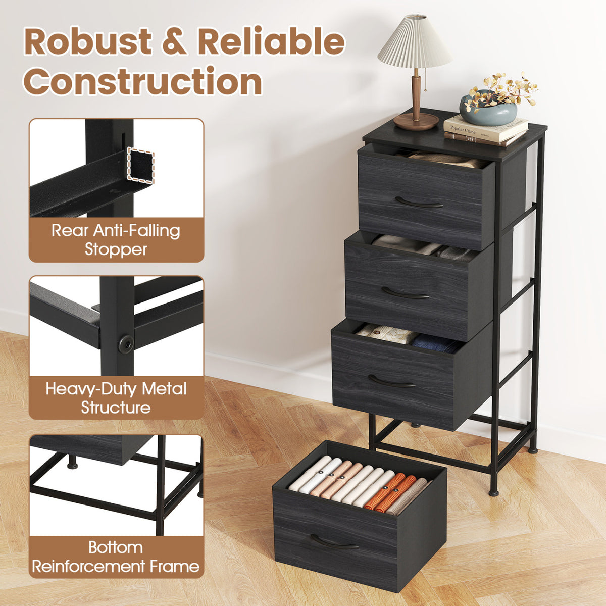 Dresser Nightstand with 4 Roomy Fabric Drawers and Metal Frame-Charcoal Black view 7