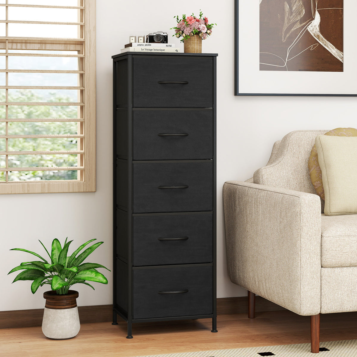 Dresser Nightstand with 5 Roomy Fabric Drawers for Bedroom-Black view 3