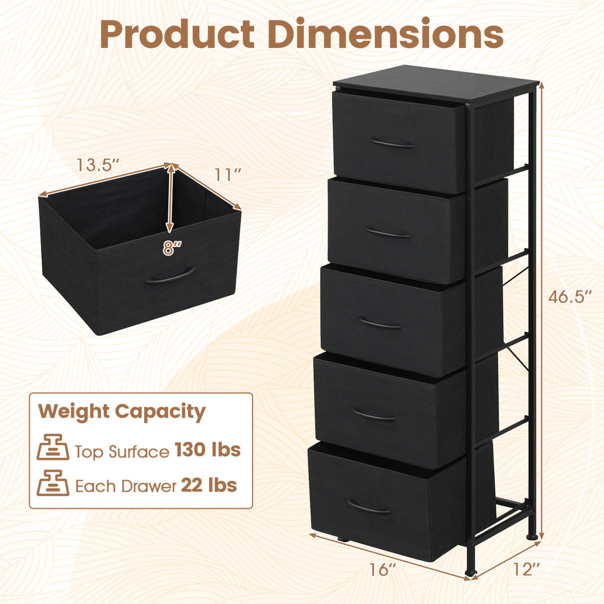 Dresser Nightstand with 5 Roomy Fabric Drawers for Bedroom-Black view 4