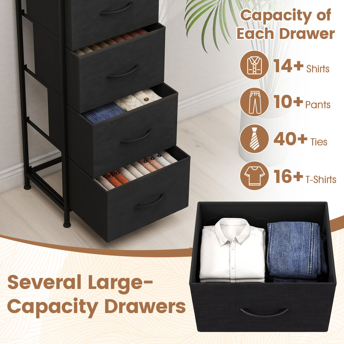 Dresser Nightstand with 5 Roomy Fabric Drawers for Bedroom-Black view 5