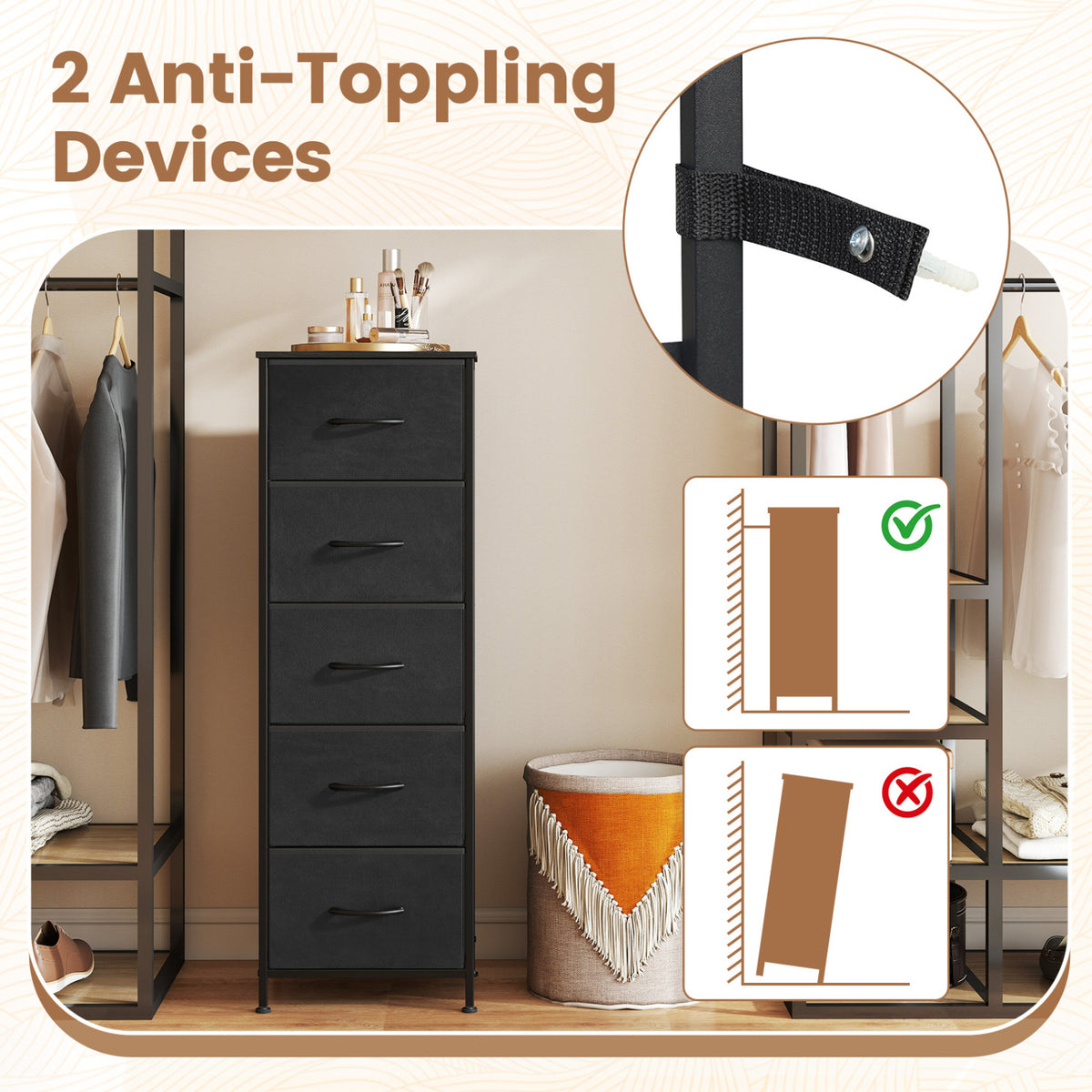 Dresser Nightstand with 5 Roomy Fabric Drawers for Bedroom-Black view 6
