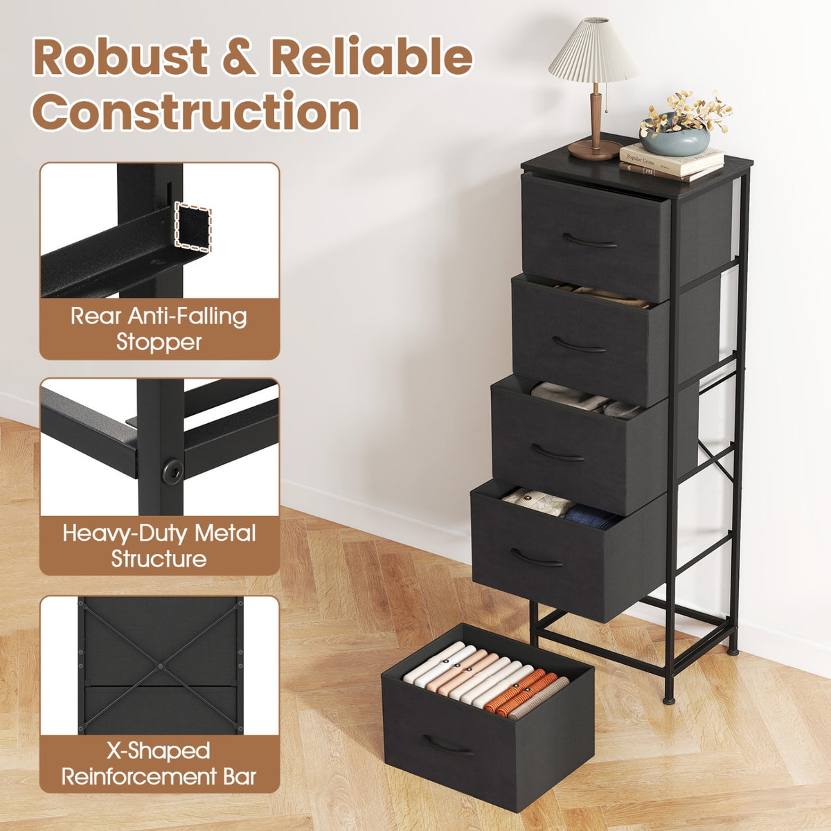 Dresser Nightstand with 5 Roomy Fabric Drawers for Bedroom-Black view 7