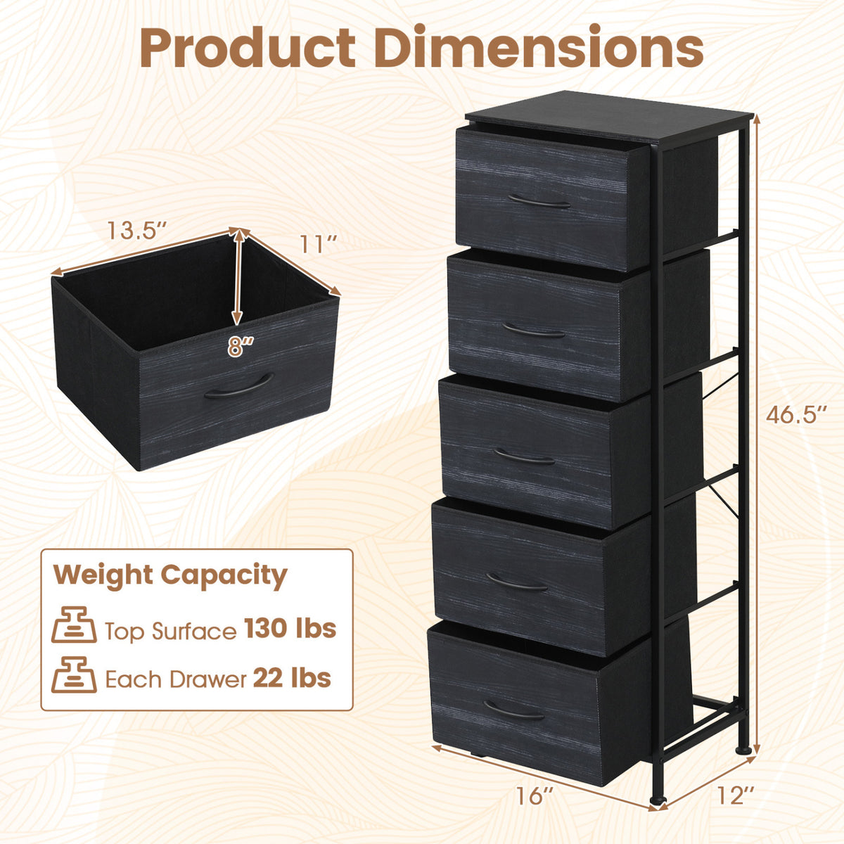 Dresser Nightstand with 5 Roomy Fabric Drawers for Bedroom-Charcoal Black view 4
