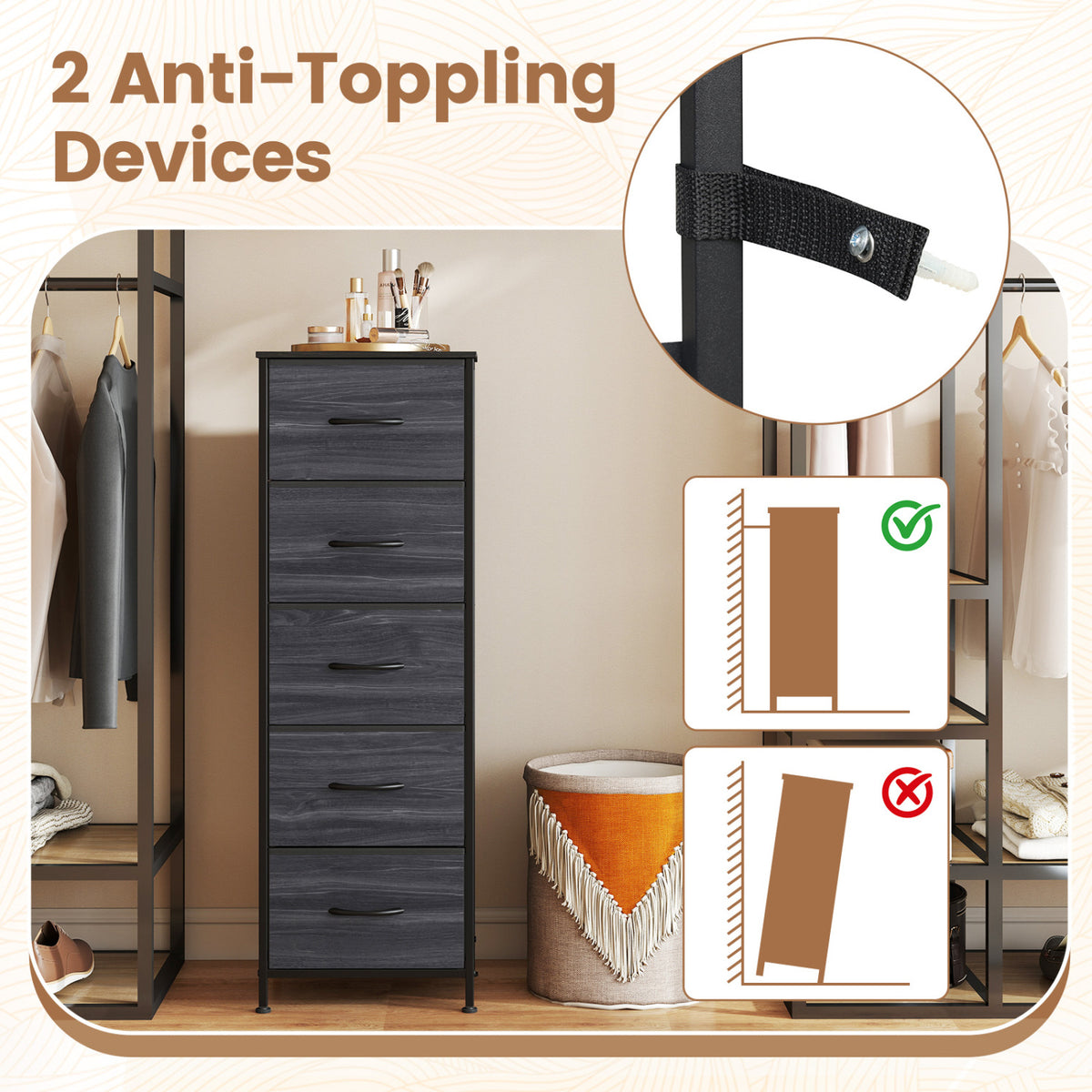 Dresser Nightstand with 5 Roomy Fabric Drawers for Bedroom-Charcoal Black view 6