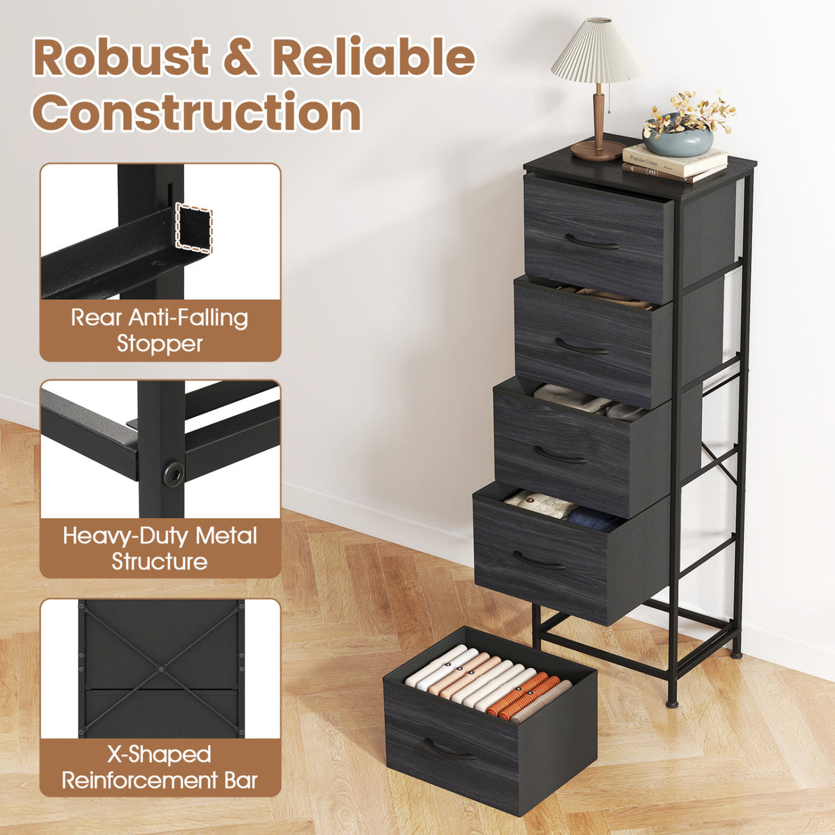 Dresser Nightstand with 5 Roomy Fabric Drawers for Bedroom-Charcoal Black view 7