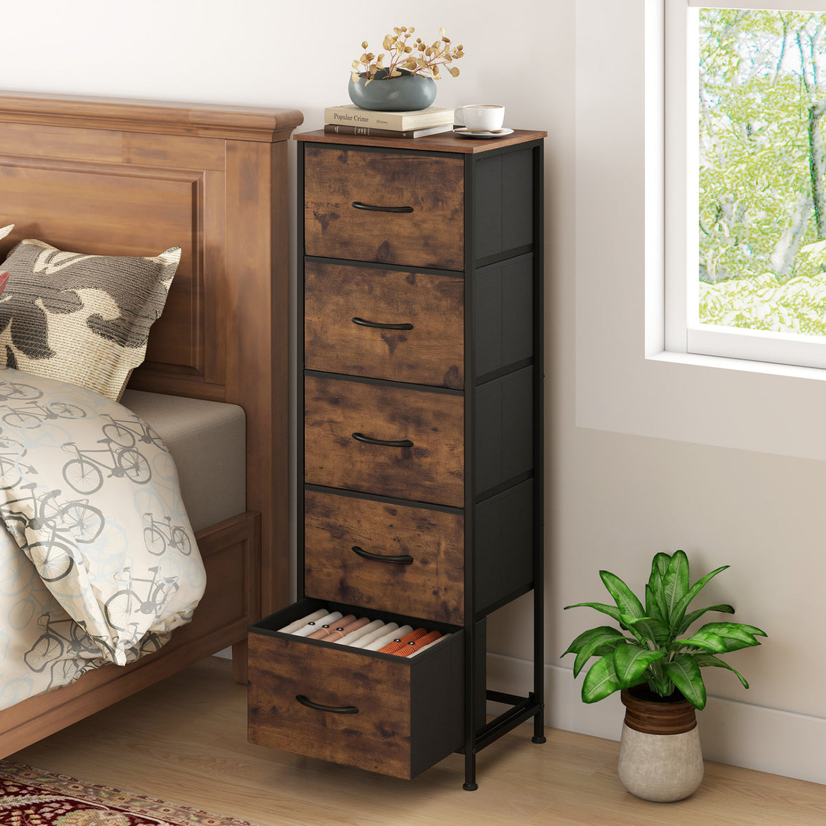 Dresser Nightstand with 5 Roomy Fabric Drawers for Bedroom-Rustic Brown view 2