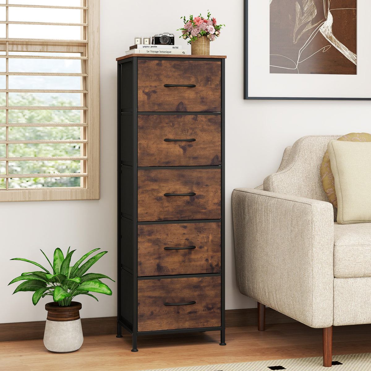 Dresser Nightstand with 5 Roomy Fabric Drawers for Bedroom-Rustic Brown view 3