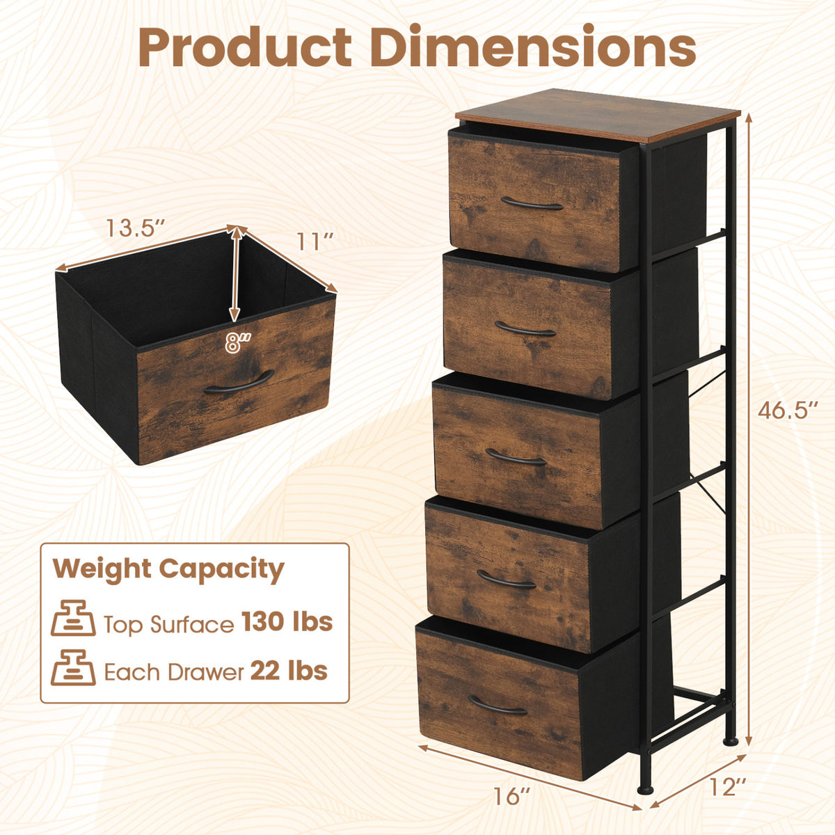 Dresser Nightstand with 5 Roomy Fabric Drawers for Bedroom-Rustic Brown view 4