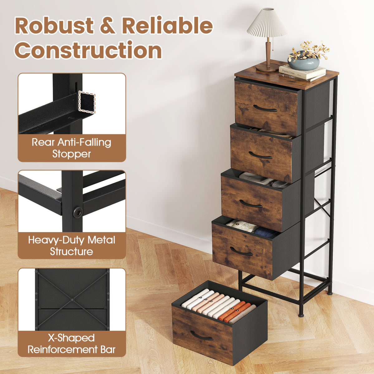 Dresser Nightstand with 5 Roomy Fabric Drawers for Bedroom-Rustic Brown view 7